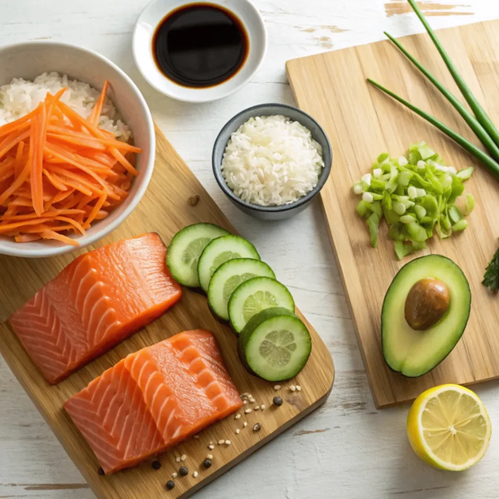 Frische Zutaten für einen Teriyaki Lachs Avocado Reis Stapel, darunter Lachsfilet, Avocado, Sushi-Reis, Gurke, Karotten, Frühlingszwiebeln und Teriyaki-Sauce