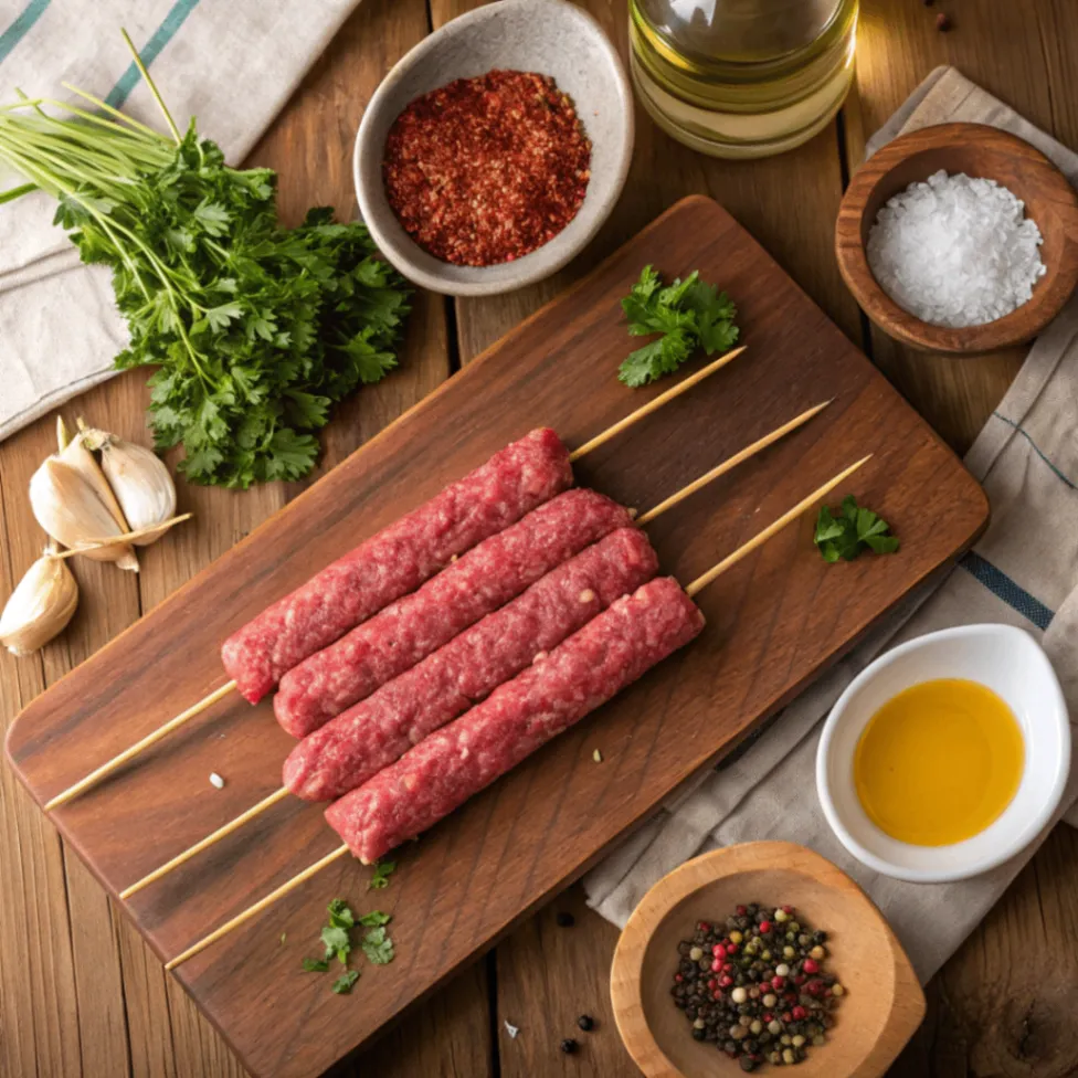 Frische Zutaten für Türkische Hackfleisch-Spieße: Hackfleisch, Zwiebeln, Knoblauch, Petersilie, Gewürze und Holzspieße auf Holzbrett