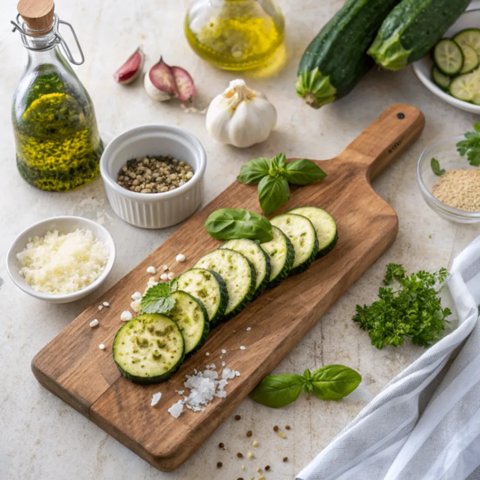 Frisch vorbereitete Zutaten für Zucchinischeiben mit Käse überbacken, inklusive Zucchini, Käse, Olivenöl, Knoblauch und Kräutern