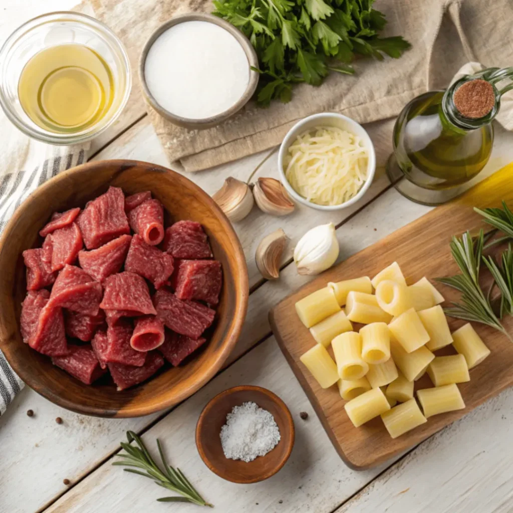 Zutaten für cremiges Parmesan Rindfleisch mit Rigatoni Pasta auf einem rustikalen Holztisch