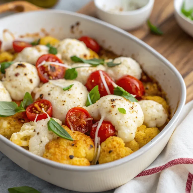 Gebackener Blumenkohl mit Tomaten und Mozzarella frisch aus dem Ofen in einer Auflaufform mit geschmolzenem Käse und frischen Kräutern
