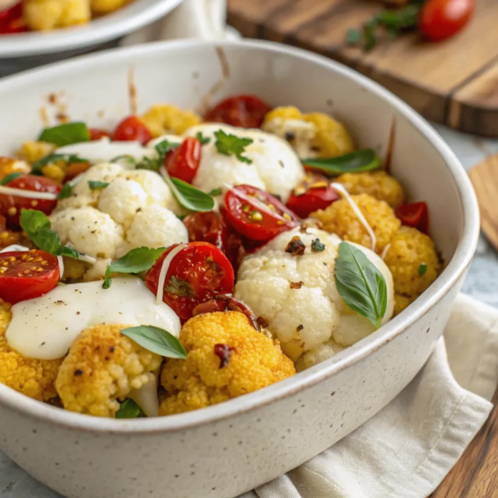 Gebackener Blumenkohl mit Tomaten und Mozzarella frisch aus dem Ofen in einer Auflaufform mit geschmolzenem Käse und frischen Kräutern