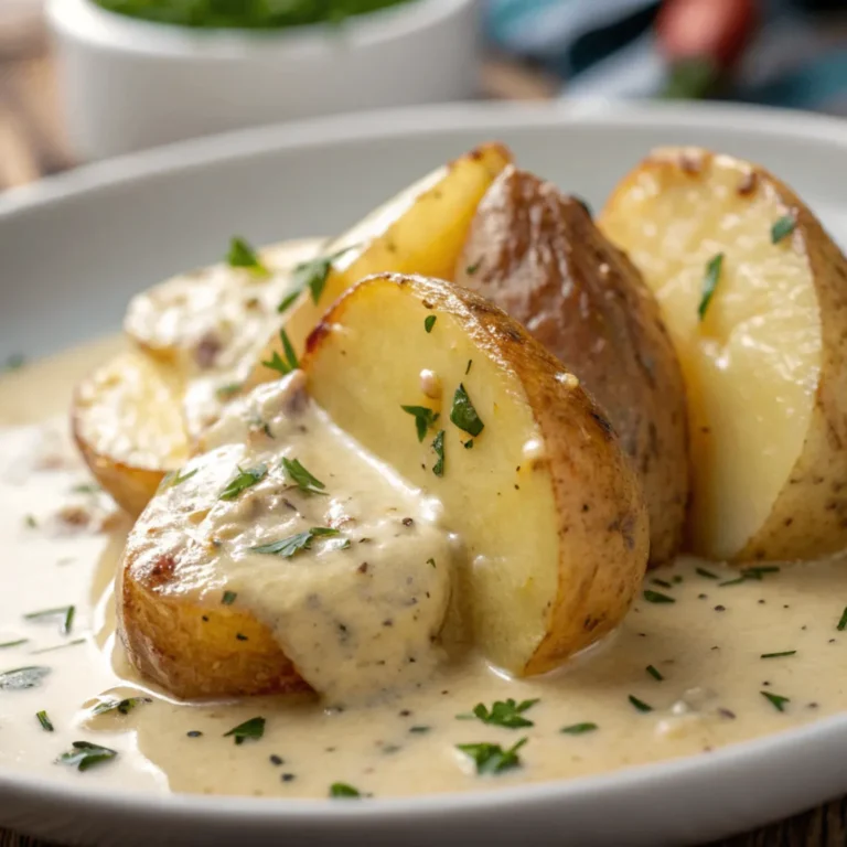 Kartoffeln in cremiger Knoblauchsoße serviert in einer rustikalen Schüssel mit frischer Petersilie.