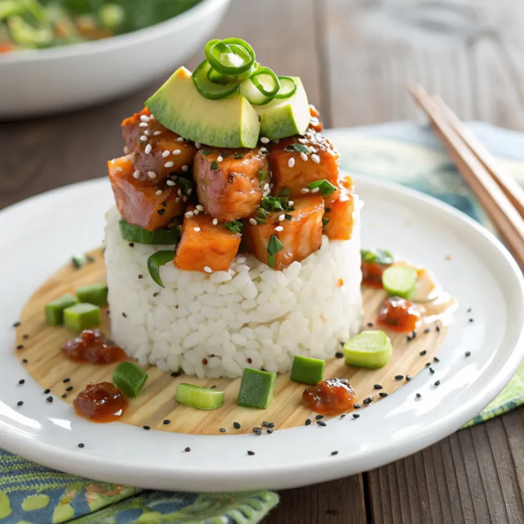 Schichtweise angerichteter Teriyaki Lachs Avocado Reis Stapel mit Gemüse, Reis und Sesam auf weißem Teller