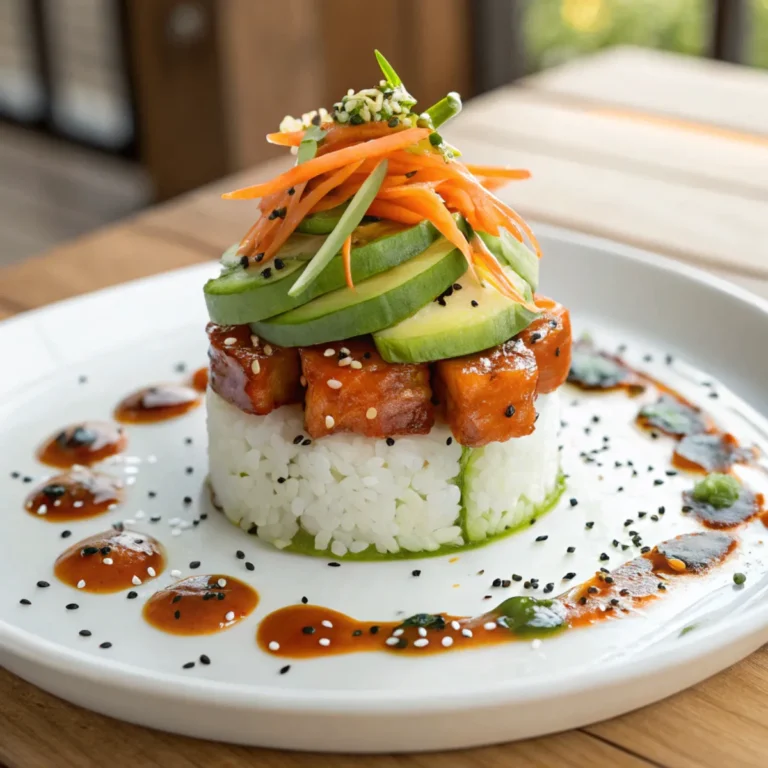 Schichtweise angerichteter Teriyaki Lachs Avocado Reis Stapel mit Gemüse, Reis und Sesam auf weißem Teller