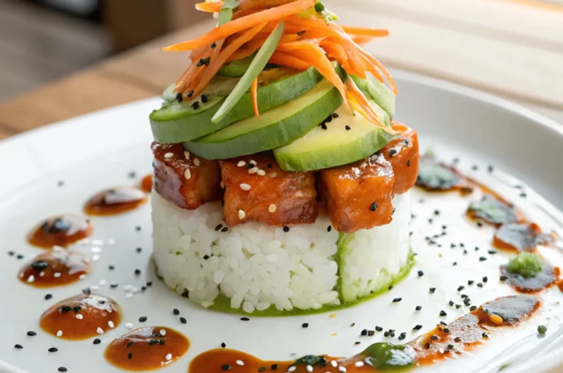 Teriyaki Lachs Avocado Reis Stapel
