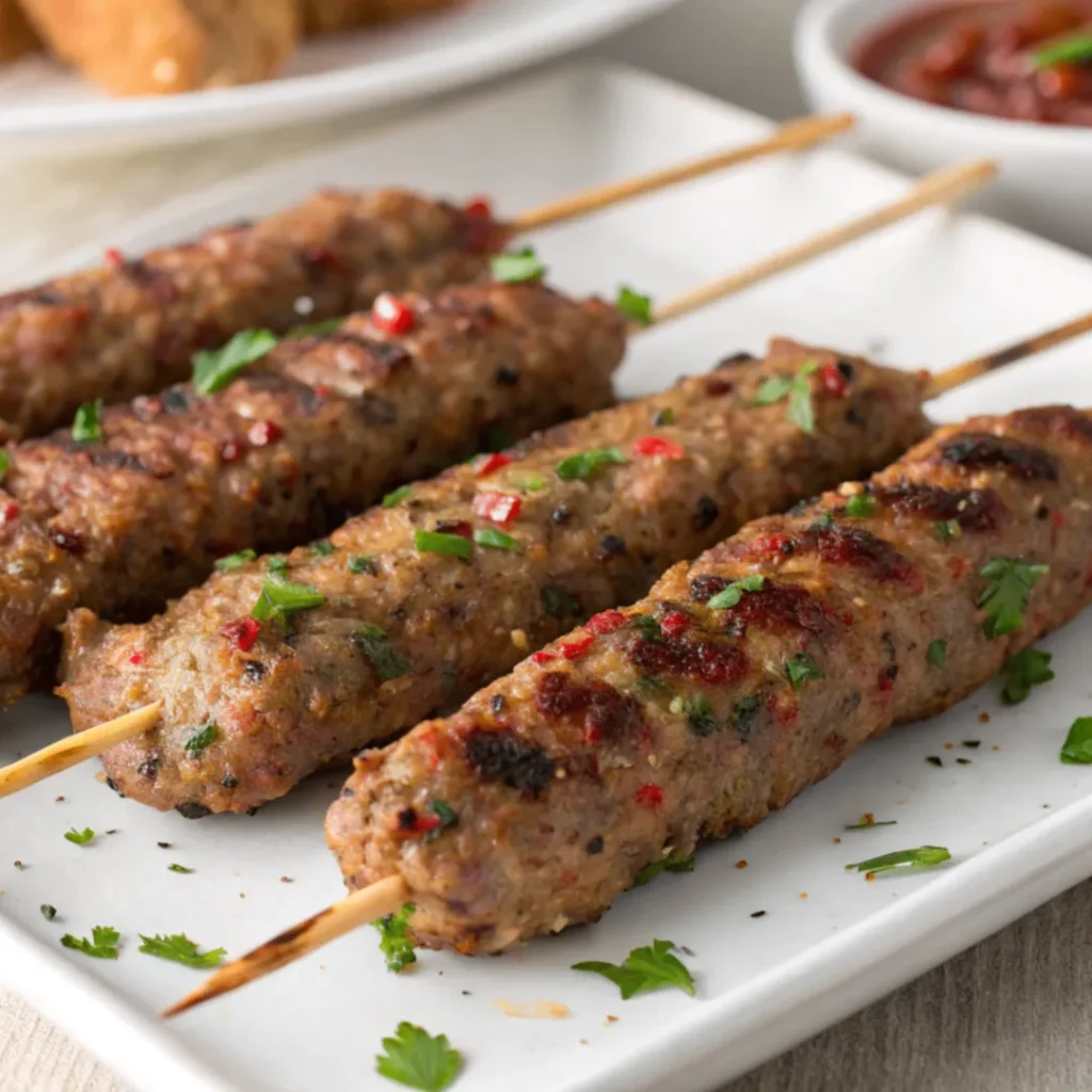 Türkische Hackfleisch-Spieße mit Fladenbrot, gegrilltem Gemüse und Joghurt-Dip auf Holzplatte serviert