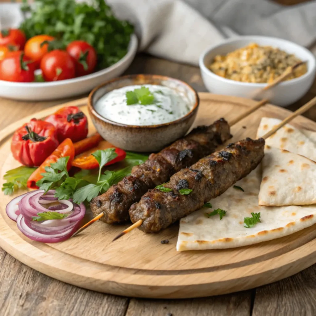 Türkische Hackfleisch-Spieße mit Fladenbrot, gegrilltem Gemüse und Joghurt-Dip auf Holzplatte serviert