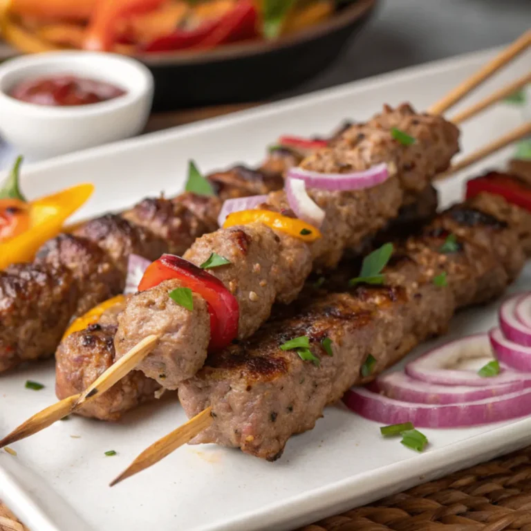 Türkische Hackfleisch-Spieße mit Fladenbrot, gegrilltem Gemüse und Joghurt-Dip auf Holzplatte serviert