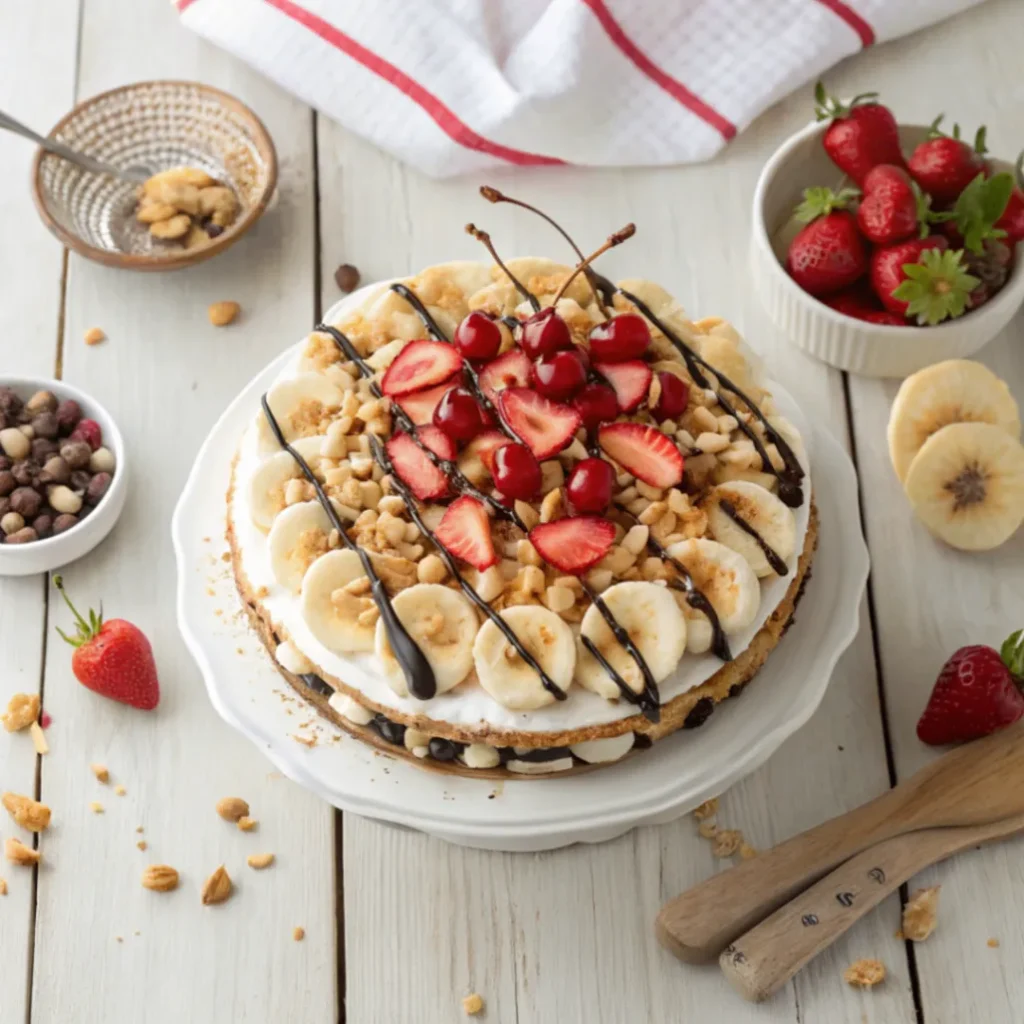 Bananensplit Torte ohne Backen mit Keksboden, Bananen, Erdbeeren, Schokosoße und Sahne – angerichtet auf einem Holztisch