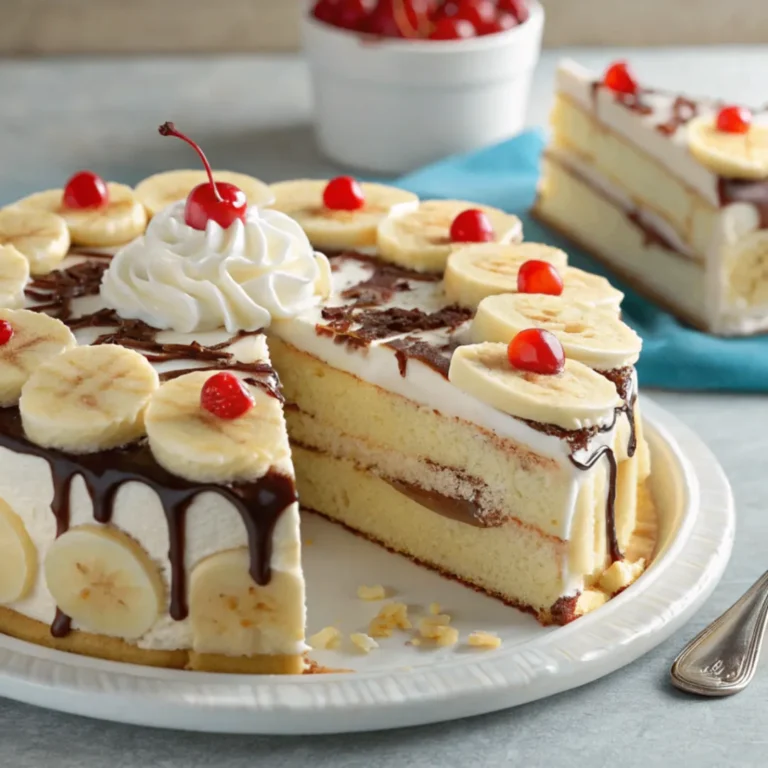 Bananensplit Torte ohne Backen mit Keksboden, Bananen, Erdbeeren, Schokosoße und Sahne – angerichtet auf einem Holztisch