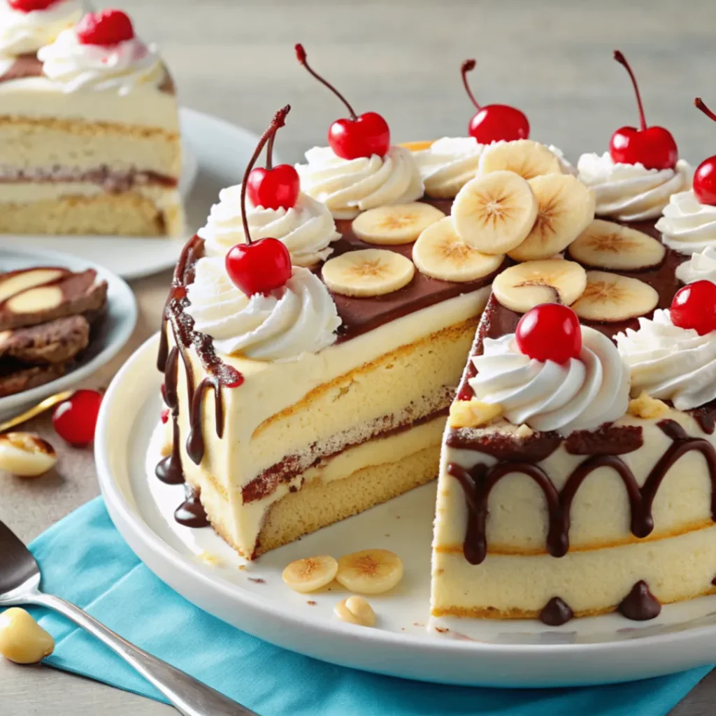 Bananensplit Torte ohne Backen mit Keksboden, Bananen, Erdbeeren, Schokosoße und Sahne – angerichtet auf einem Holztisch