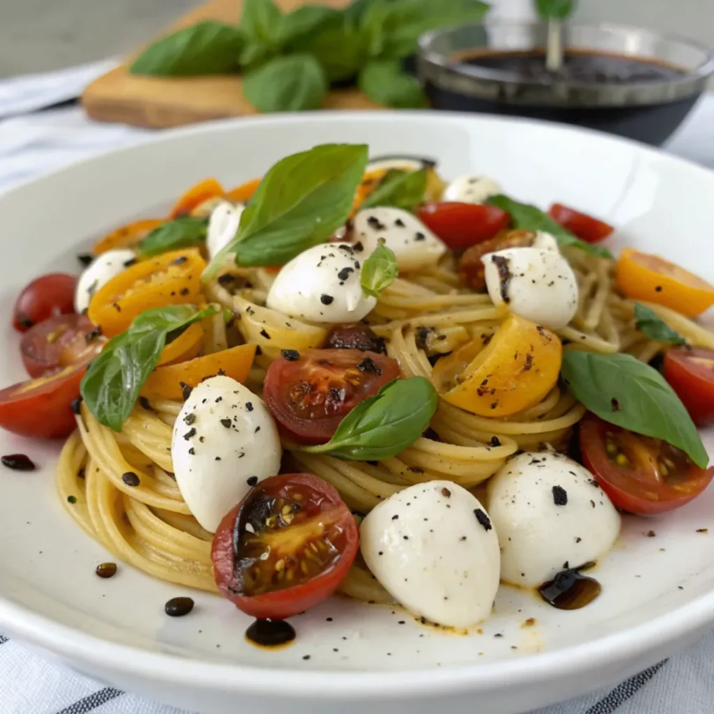 Caprese-Nudelsalat mit Balsamico-Vinaigrette aus Fusilli, Tomaten, Mozzarella und Basilikum auf einem weißen Teller