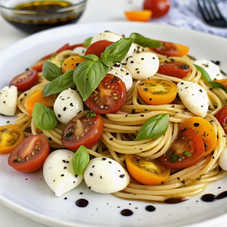 Caprese-Nudelsalat mit Balsamico-Vinaigrette aus Fusilli, Tomaten, Mozzarella und Basilikum auf einem weißen Teller