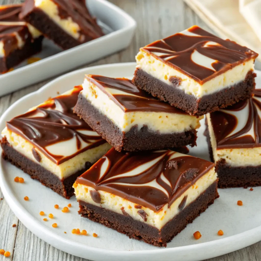 Frisch gebackene Cheesecake Brownies mit cremiger Käsekuchenschicht auf einem Holzbrett, in Stücke geschnitten