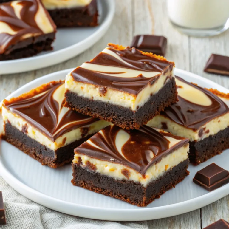 Frisch gebackene Cheesecake Brownies mit cremiger Käsekuchenschicht auf einem Holzbrett, in Stücke geschnitten