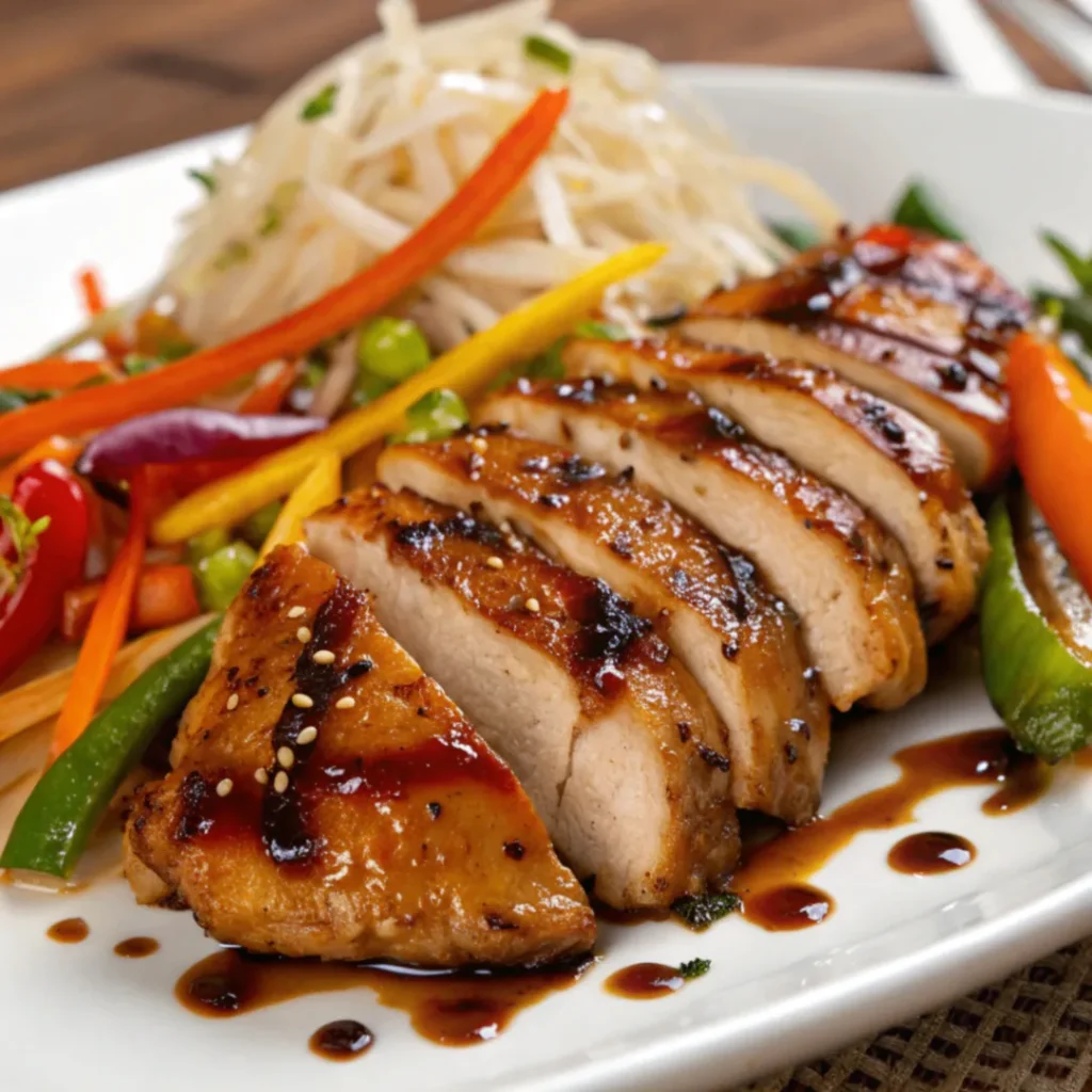 Saftiges Chicken Teriyaki mit Gemüse, serviert auf einem Teller mit Reis, frischem Sesam und knackigem Gemüse.
