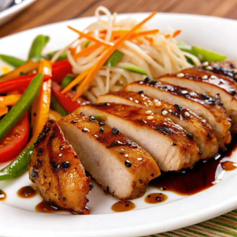 Saftiges Chicken Teriyaki mit Gemüse, serviert auf einem Teller mit Reis, frischem Sesam und knackigem Gemüse.