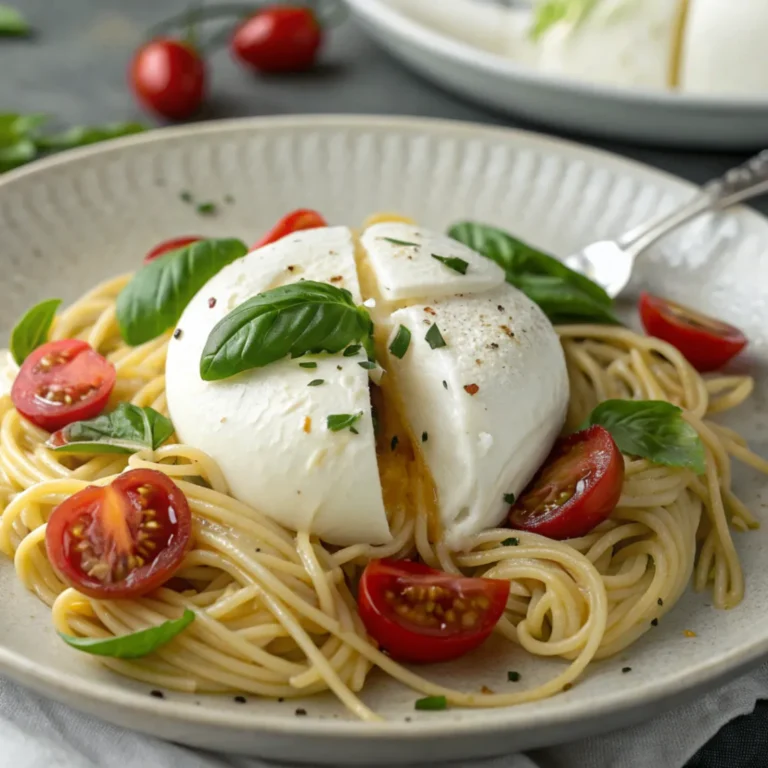 Cremige Burrata-Pasta mit geschmolzenem Burrata, frischem Basilikum und Cherrytomaten in einem weißen Teller serviert