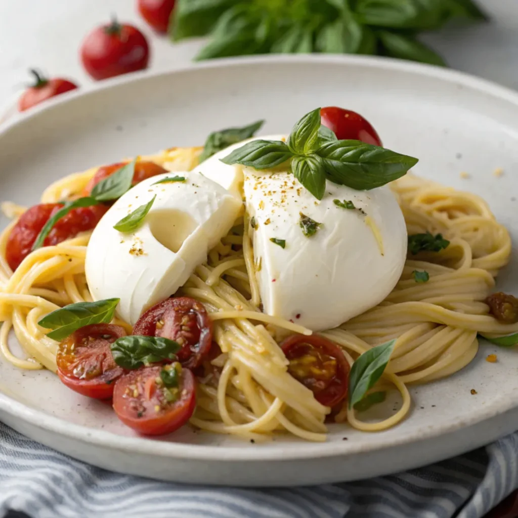 Cremige Burrata-Pasta mit geschmolzenem Burrata, frischem Basilikum und Cherrytomaten in einem weißen Teller serviert