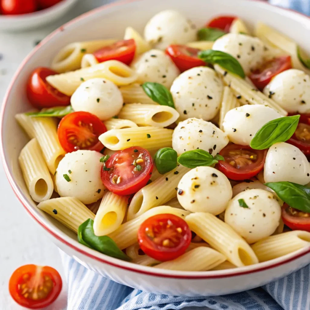Cremiger Caprese-Pasta-Salat mit Tomaten, Mozzarella und Basilikum in einer Schüssel angerichtet