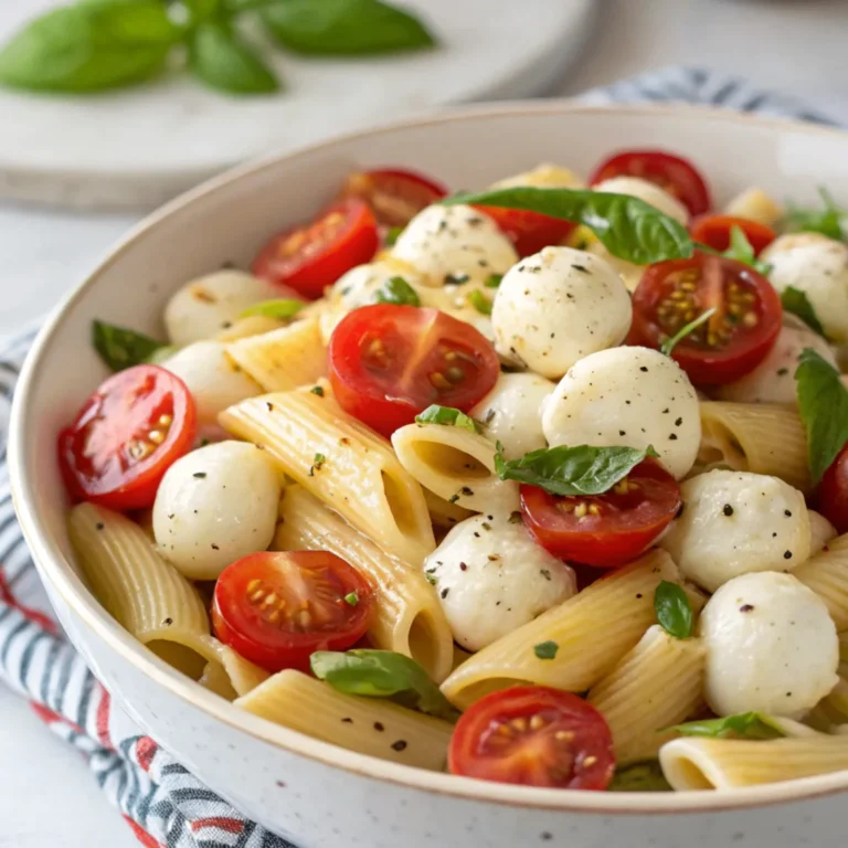 Cremiger Caprese-Pasta-Salat mit Tomaten, Mozzarella und Basilikum in einer Schüssel angerichtet