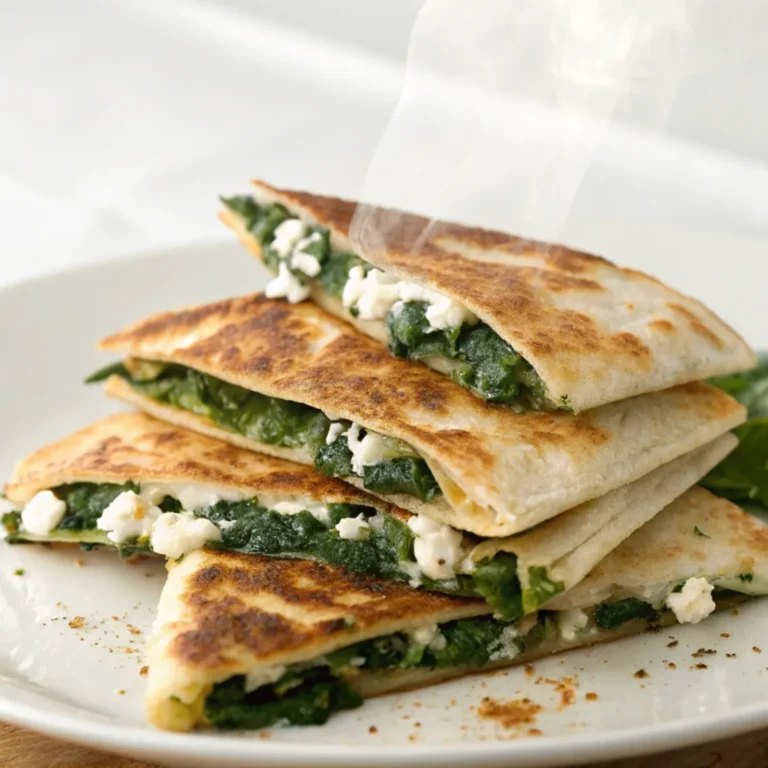 Goldbraun gebratene Spinach Feta Quesadillas mit cremiger Füllung aus Spinat, Feta und Käse, serviert auf einem Holzbrett mit Dip