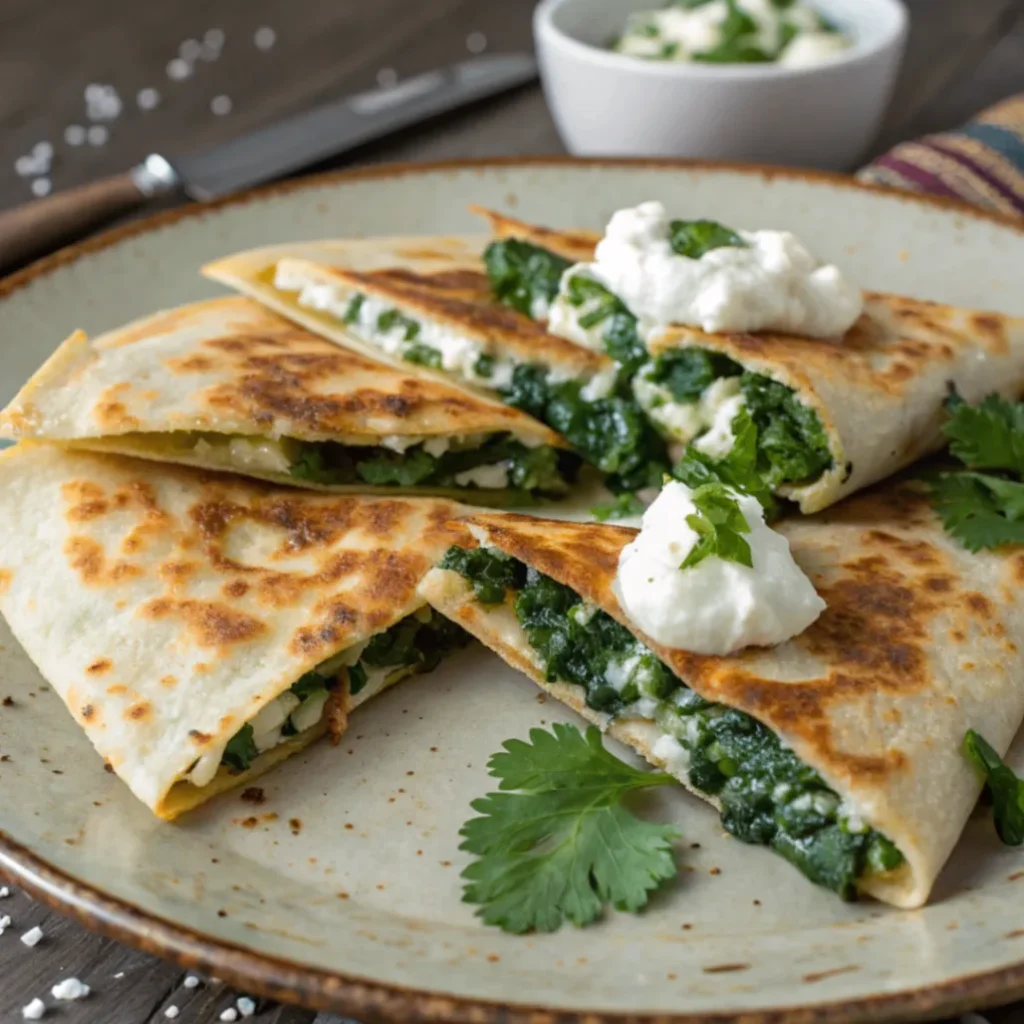 Goldbraun gebratene Spinach Feta Quesadillas mit cremiger Füllung aus Spinat, Feta und Käse, serviert auf einem Holzbrett mit Dip