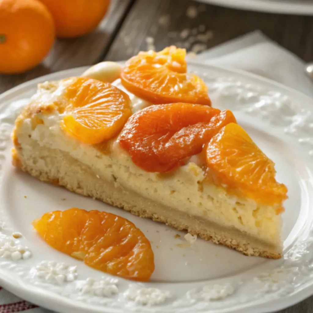 Ein Stück saftiger Fantakuchen mit Mandarinen-Schmand, garniert mit Mandarinen, auf einem weißen Teller serviert