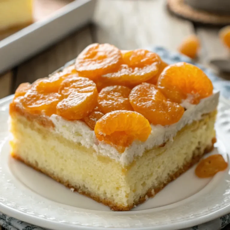 Ein Stück saftiger Fantakuchen mit Mandarinen-Schmand, garniert mit Mandarinen, auf einem weißen Teller serviert