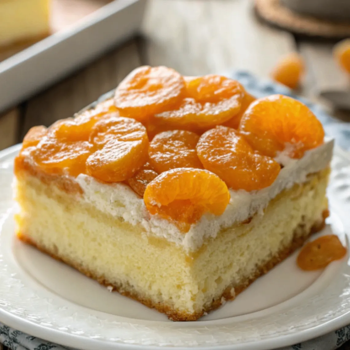 Ein Stück saftiger Fantakuchen mit Mandarinen-Schmand, garniert mit Mandarinen, auf einem weißen Teller serviert