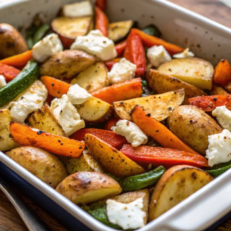 Feta Kartoffeln Ofengemüse mit buntem Gemüse auf Backblech serviert