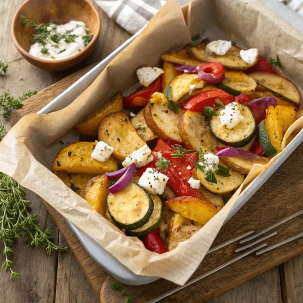 Feta Kartoffeln Ofengemüse mit buntem Gemüse auf Backblech serviert