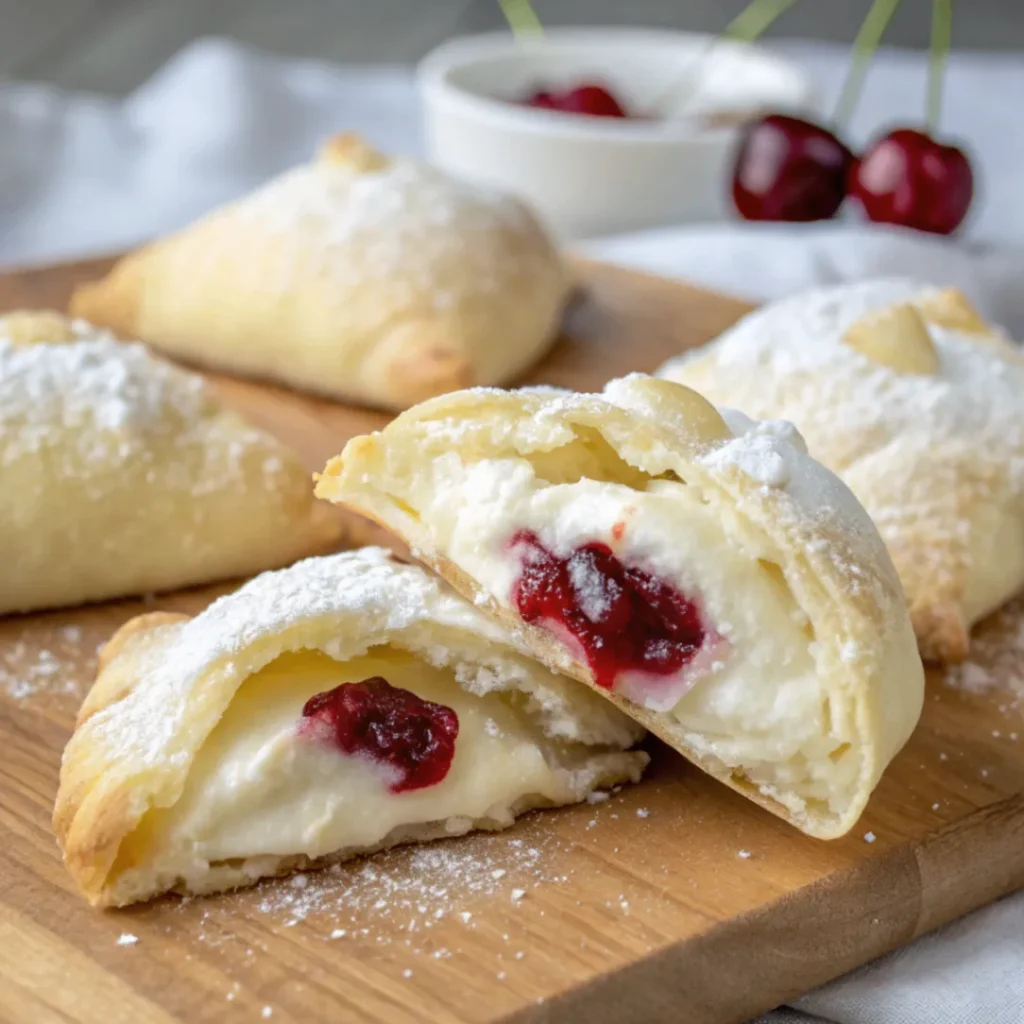 Kirschtaschen mit Frischkäsefüllung aus Blätterteig, bestäubt mit Puderzucker auf einem Holzbrett serviert