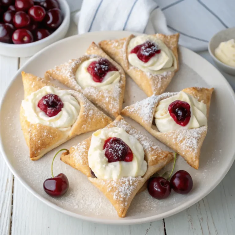 Kirschtaschen mit Frischkäsefüllung aus Blätterteig, bestäubt mit Puderzucker auf einem Holzbrett serviert