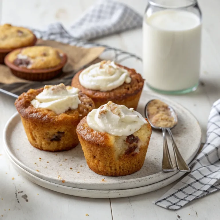 Saftige Pudding Muffins mit Quark auf einem Holztisch, frisch gebacken und in Papierförmchen serviert