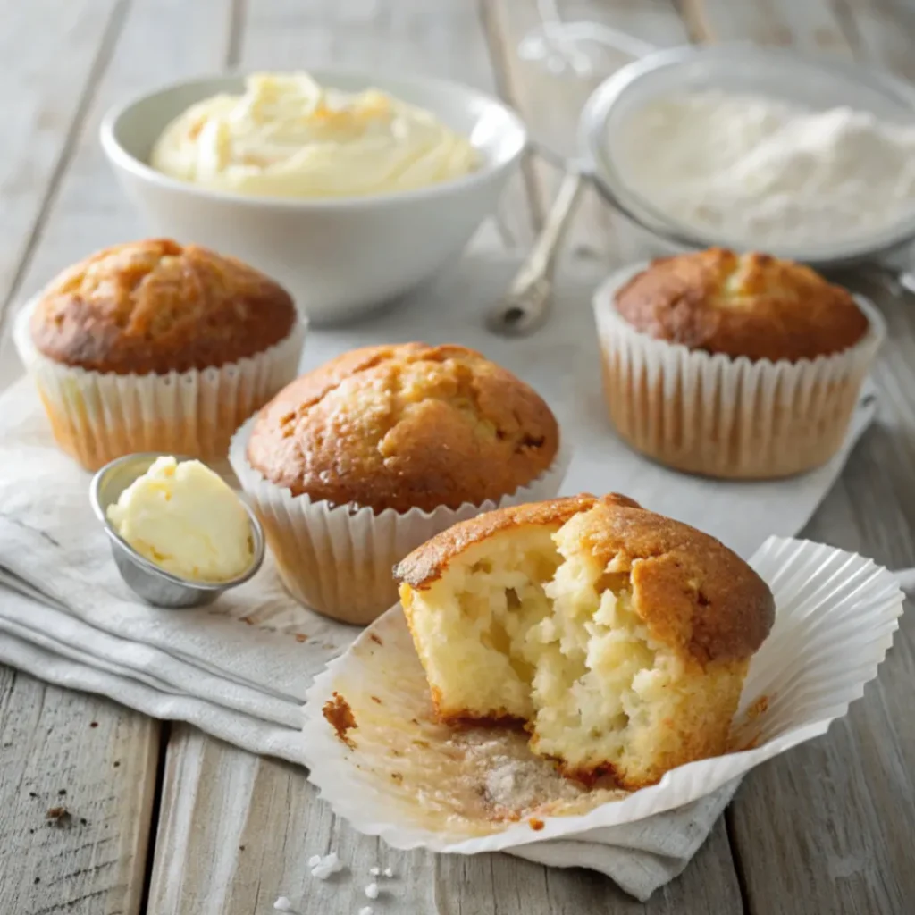Saftige Pudding Muffins mit Quark auf einem Holztisch, frisch gebacken und in Papierförmchen serviert