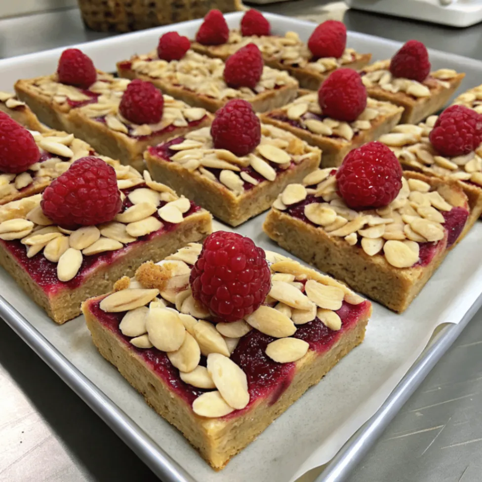 Hausgemachte fruchtige Himbeer-Mandel-Riegel mit frischen Himbeeren und Mandeln auf einem Holzbrett