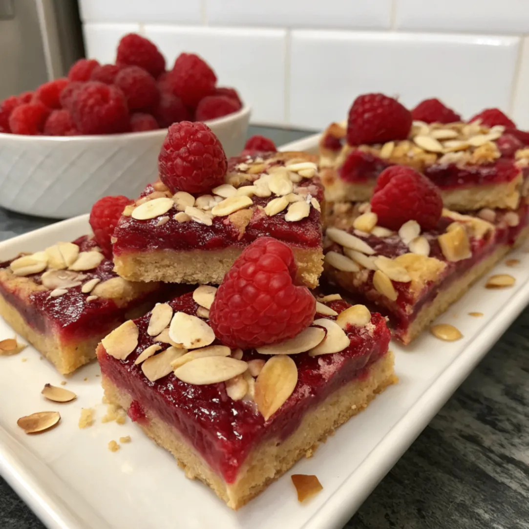Hausgemachte fruchtige Himbeer-Mandel-Riegel mit frischen Himbeeren und Mandeln auf einem Holzbrett