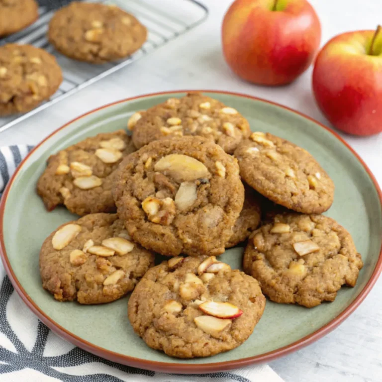 Selbstgemachte gesunde Apfel-Hafer-Kekse auf einem Holztisch, serviert mit frischen Äpfeln und Haferflocken