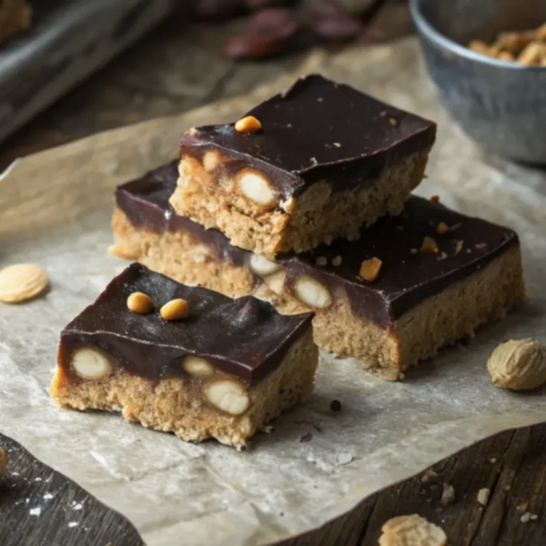 Hausgemachte gesunde Snickers mit Datteln, Erdnussbutter und dunkler Schokolade – gesunder Snack auf Backpapier