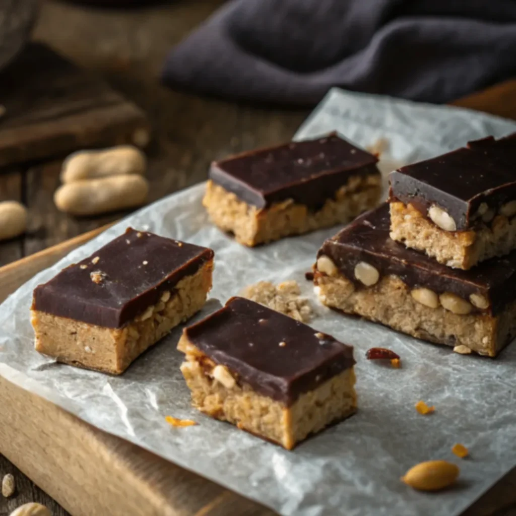 Hausgemachte gesunde Snickers mit Datteln, Erdnussbutter und dunkler Schokolade – gesunder Snack auf Backpapier
