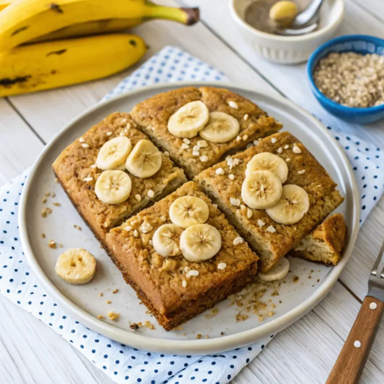 Gesunder Kuchen für Kinder mit Bananen und Haferflocken, ohne Zucker, serviert in Stücke geschnitten