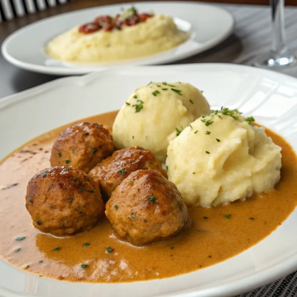 Hackbällchen in cremiger Sauce mit Kartoffelpüree auf einem weißen Teller, angerichtet mit frischer Petersilie