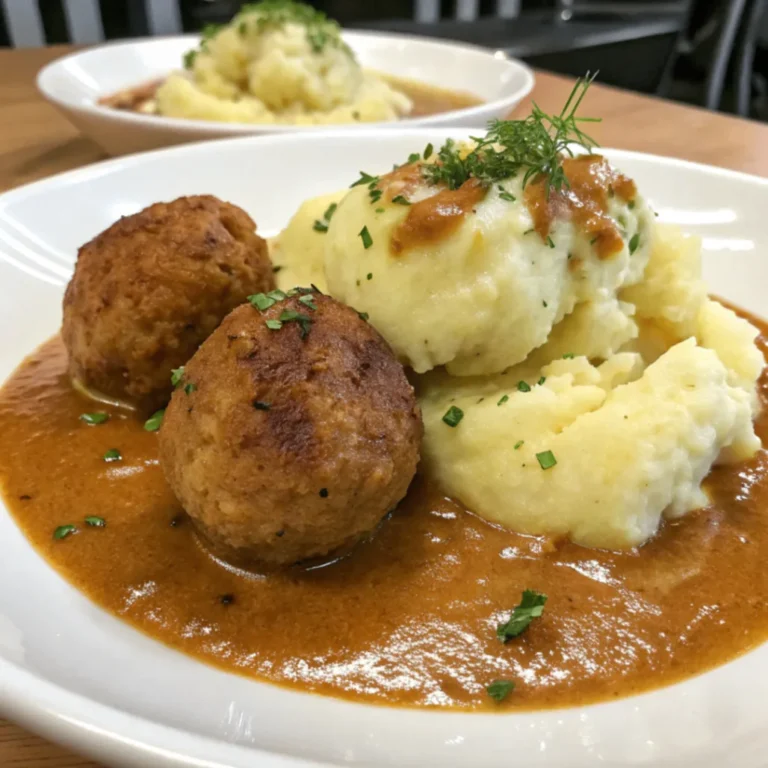 Hackbällchen in cremiger Sauce mit Kartoffelpüree auf einem weißen Teller, angerichtet mit frischer Petersilie
