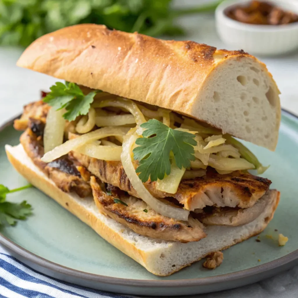 Frisches Hähnchen Cheesesteak Sandwich mit geschmolzenem Käse, gebratenem Hähnchen, Gemüse und knusprigem Brötchen