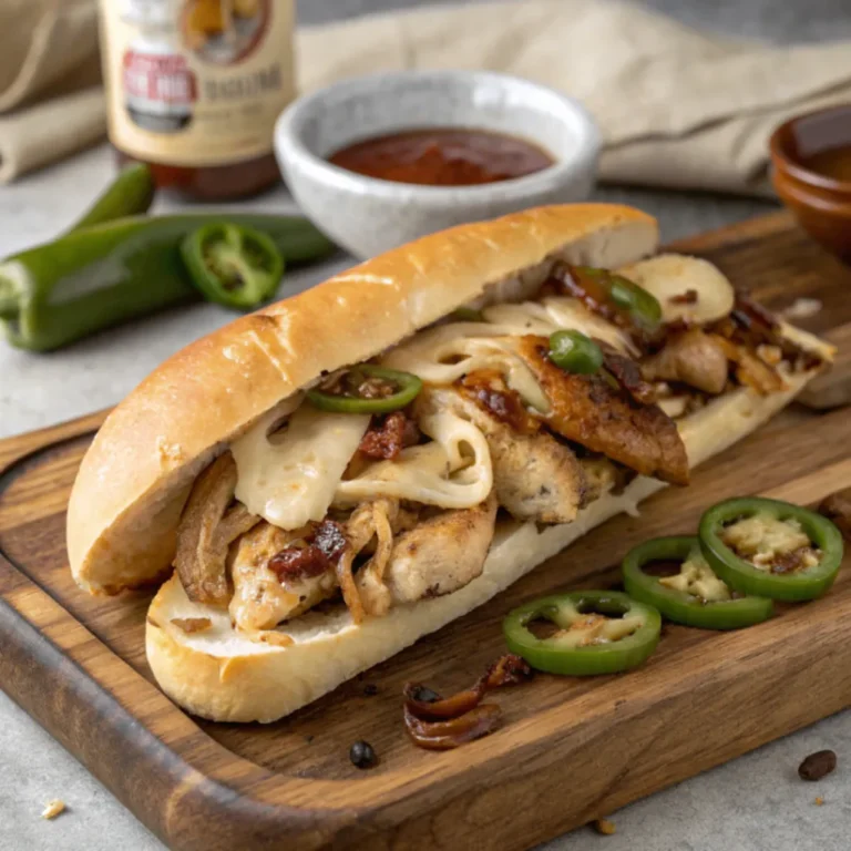 Frisches Hähnchen Cheesesteak Sandwich mit geschmolzenem Käse, gebratenem Hähnchen, Gemüse und knusprigem Brötchen