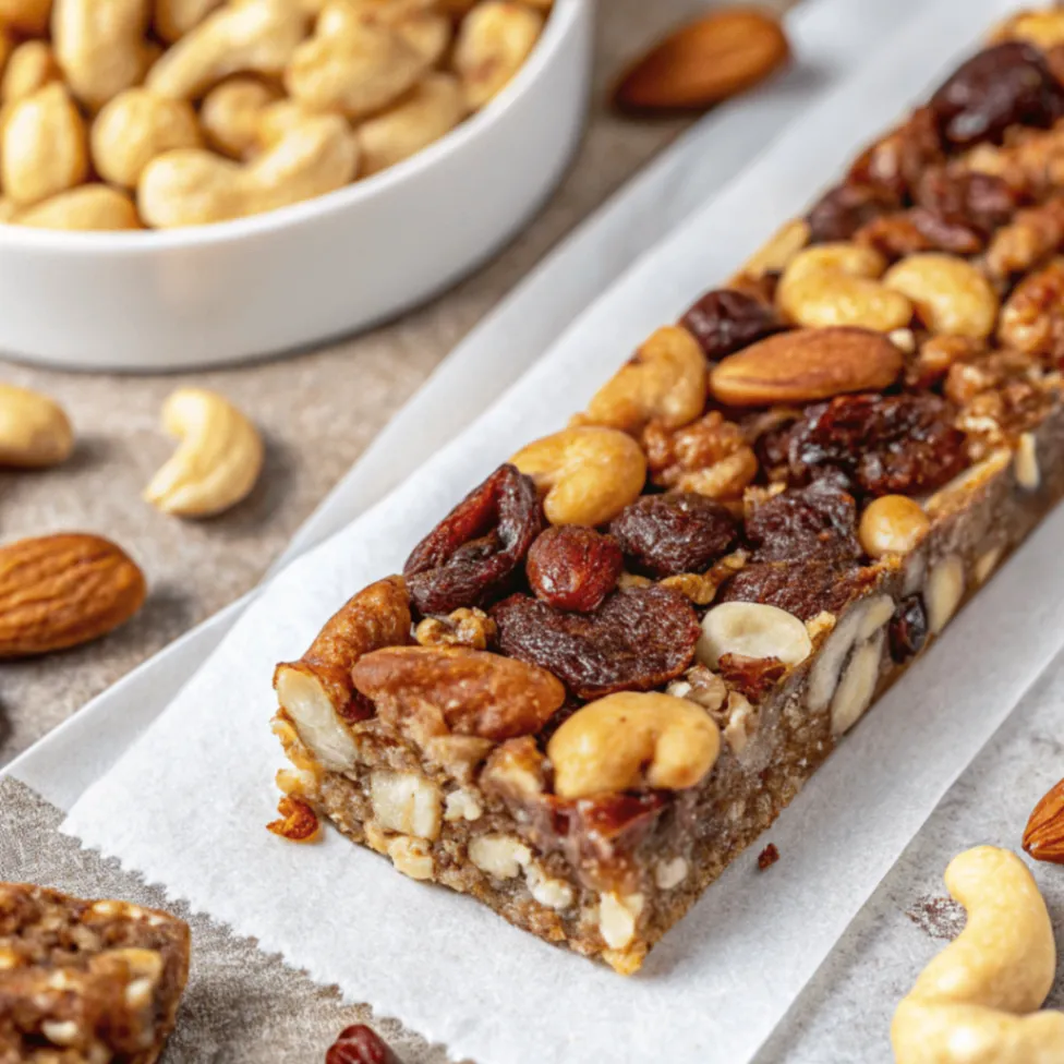 Cashew-Erdnuss-Riegel auf Backpapier mit Cashewkernen und Honig im Hintergrund
