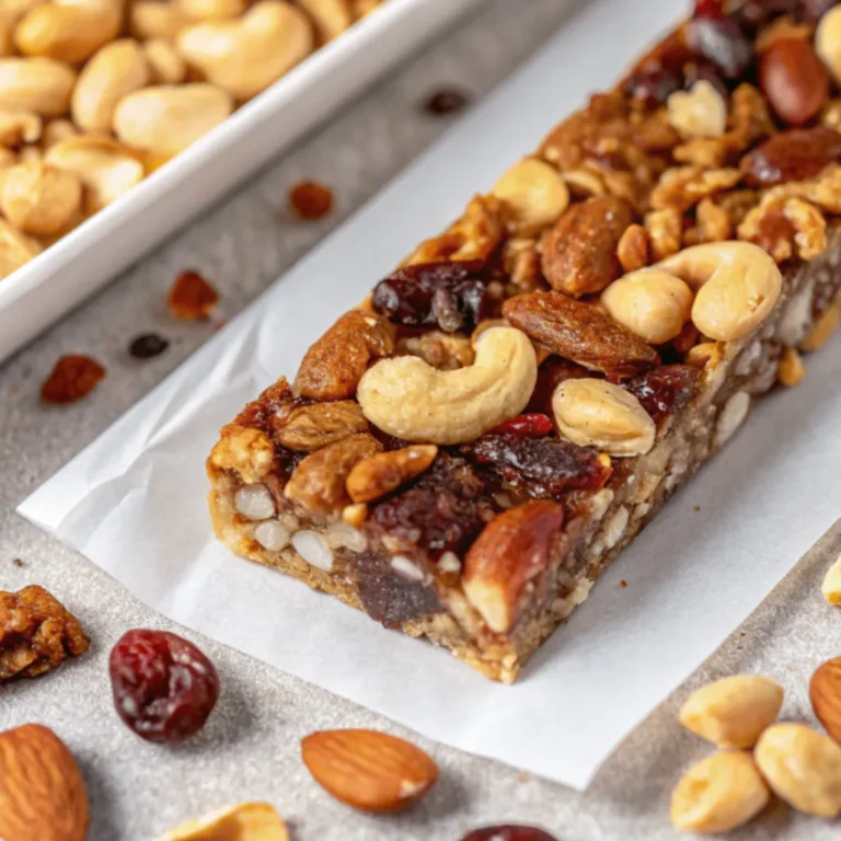 Cashew-Erdnuss-Riegel auf Backpapier mit Cashewkernen und Honig im Hintergrund