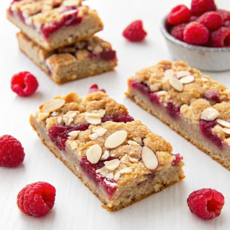 Selbstgemachte Himbeer-Kokos-Riegel auf einem weißen Teller, garniert mit frischen Himbeeren und Kokosraspeln